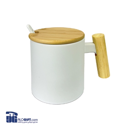 تصویر  ماگ سرامیکی درب چوبی قاشق دار 