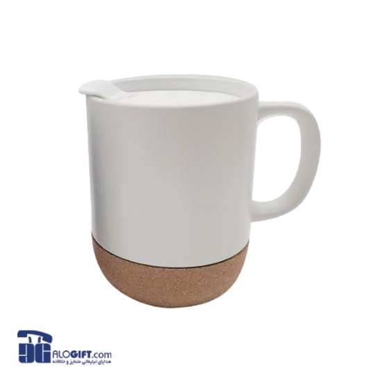 تصویر  ماگ سرامیکی درب دار پایین چوب پنبه ای 